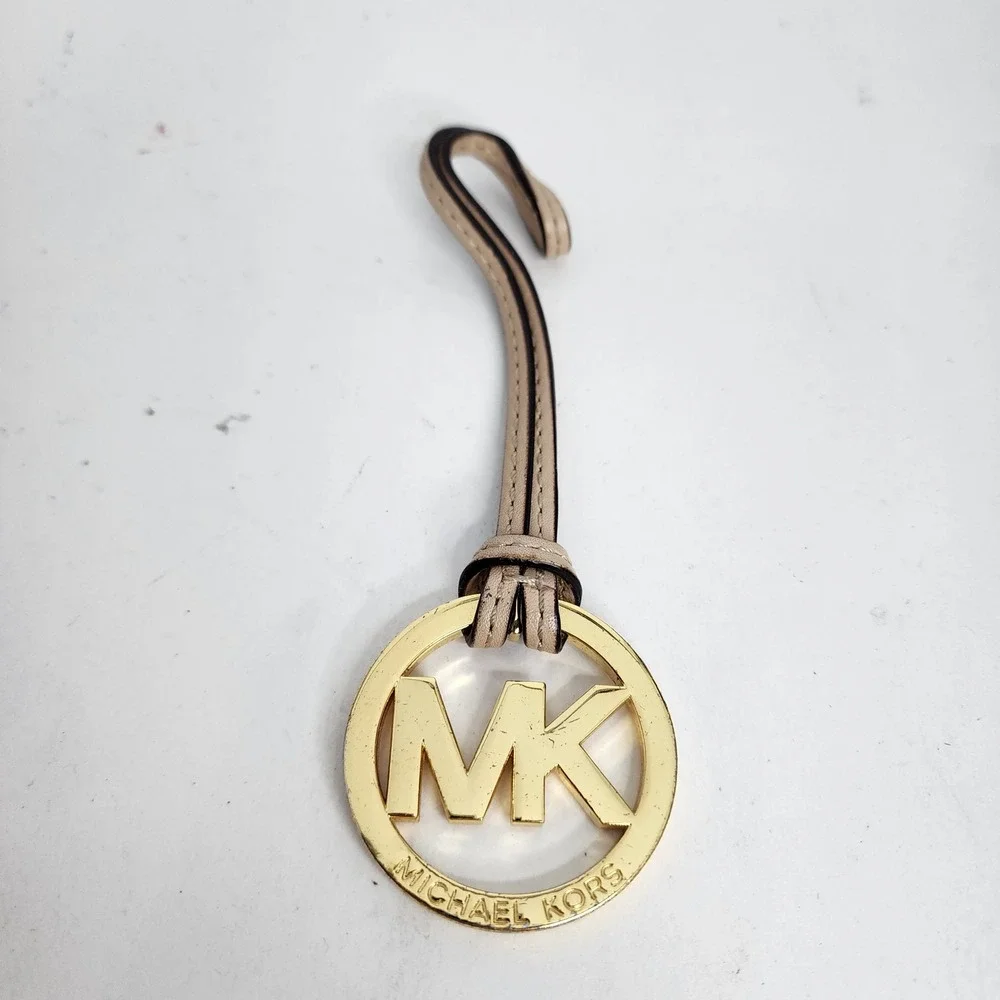 Michael Kors Bag Charm Womens OS Gold Tan Leather MK Logo Medallion Keychain